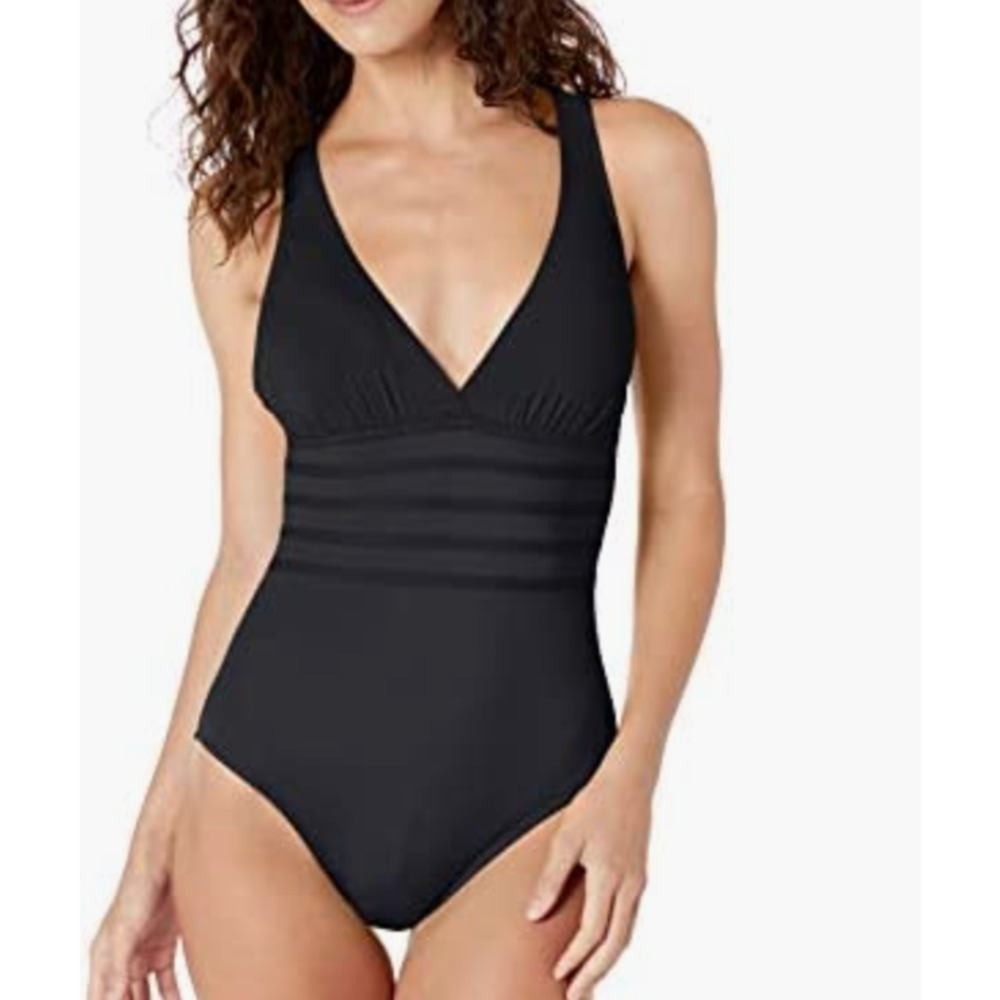 New La Blanca Black Goddess One Piece Swimsuit Womens 8 Slimming Plunge